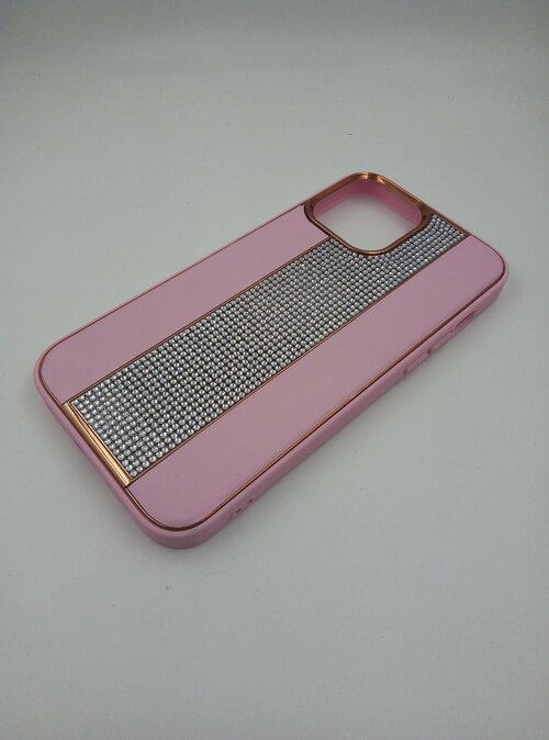 Накладка Apple iPhone 14 Pro розовый с отсеком для сим-карты силикон+кожа Стразы