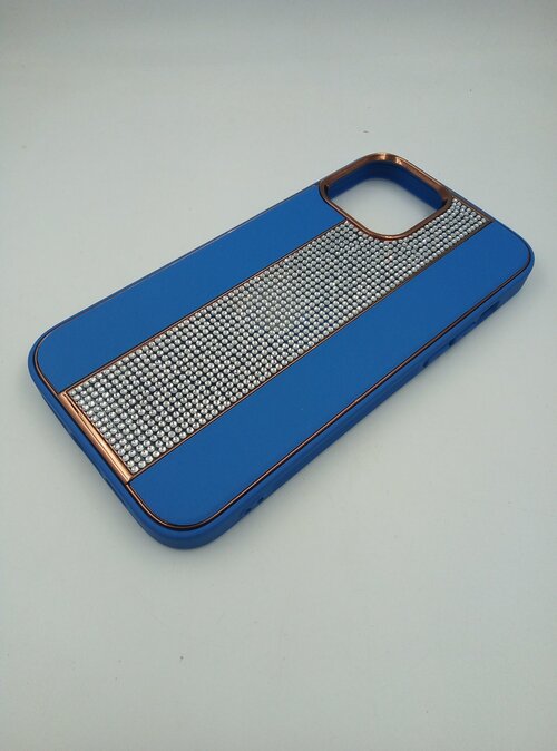 Накладка Apple iPhone 14 Pro Max синий с отсеком для сим-карты силикон+кожа Стразы