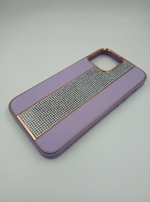 Накладка Apple iPhone 14 Pro Max фиолетовый с отсеком для сим-карты силикон+кожа Стразы