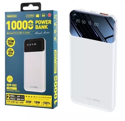 Внешний аккумулятор 10000 mAh REMAX RPP-502 2USB+Type-C белый LED дисплей