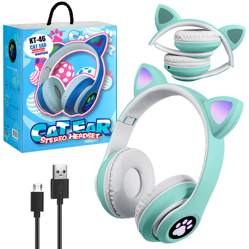 Наушники Cat Ears KT-46 накладные, Bluetooth, микрофон, подсветка, бирюзовый