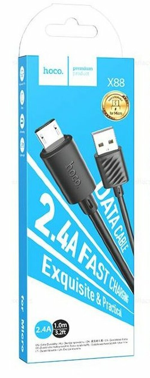 Кабель USB - micro USB HOCO X88 силикон черный круглый 2.4A 1 м.