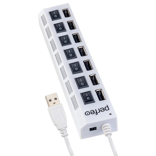 USB разветвитель Perfeo PF-H033 7 портов, USB 2.0, белый + выключатель на каждый порт и доп питание