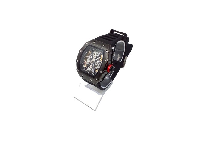 Наручные часы мужские механические AOCASDIV скелетон черная окантовка черный силиконовый ремешок