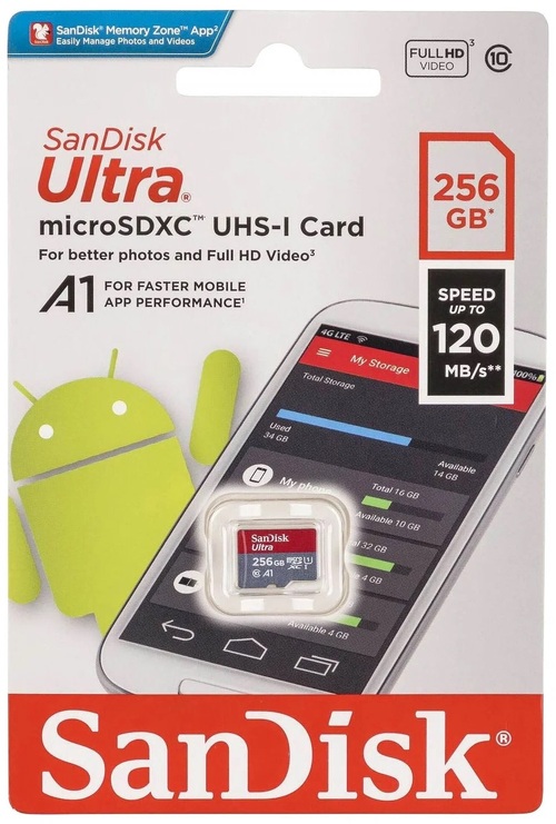 Карта памяти micro SD Sandisk 256GB Класс 10 Ultra 120 Mb/s без адаптера