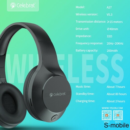 Наушники Celebrat A27 накладные, Bluetooth, микрофон, черный - 2