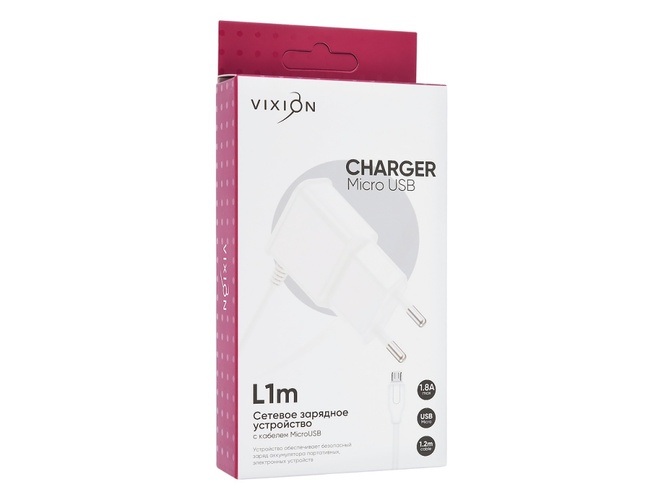 Сетевое зарядное устройство Vixion L1 1USB белый Micro USB 1.8A