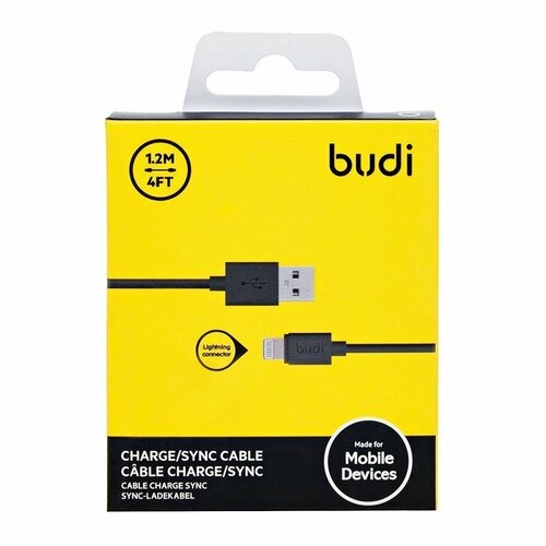Кабель USB - 8 pin Lightning Budi металл черный круглый 1A 1 м.