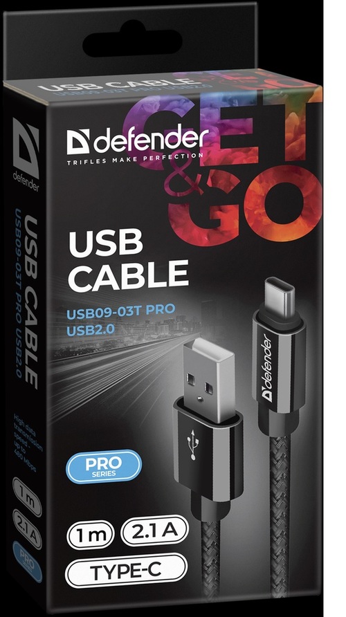 Кабель USB - Type-C Defender USB09-03T черный 2.1A 1 м. PRO