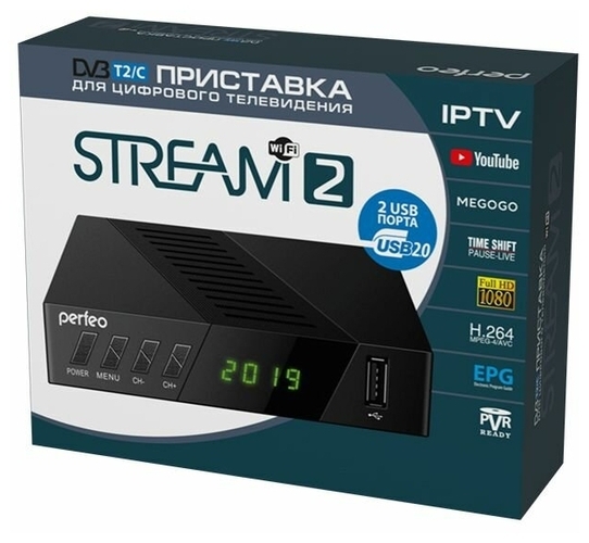 Приставка для цифрового ТВ Perfeo STREAM-2 DVB-T2/C дисплей, кнопки, внешний бп WiFi, 2*USB