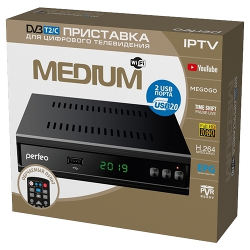 Приставка для цифрового ТВ Perfeo MEDIUM DVB-T2/C дисплей, кнопки WiFi, 2*USB, обучаемый пульт