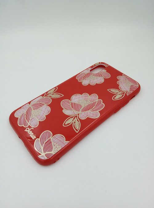 Накладка Apple iPhone X/Xs красный силикон Цветы Sonia бело-золотые