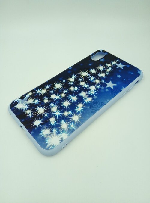 Накладка Apple iPhone Xs Max голубой силикон Пейзаж Елки из звездочек и снежинок