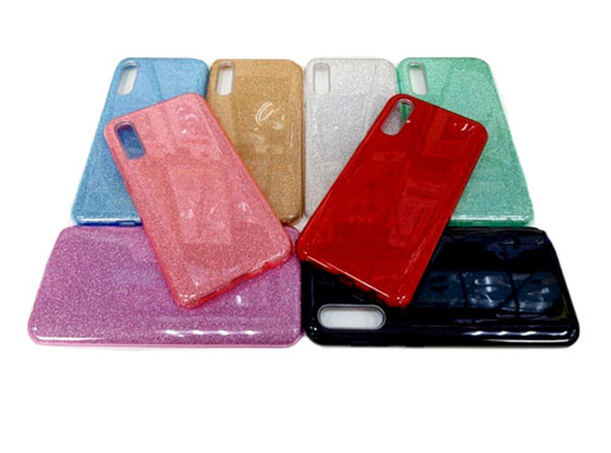 Накладка Samsung A01/M01 розовый силикон+пластик Блестки