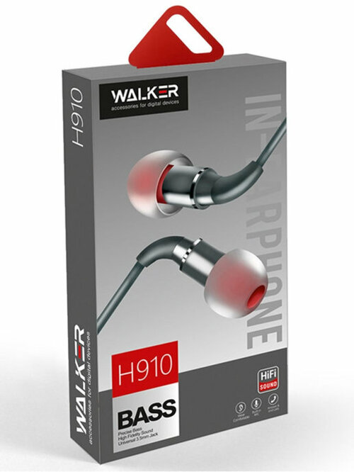 Наушники Walker H910 вакуумные, проводные, Jack 3.5, микрофон, серый