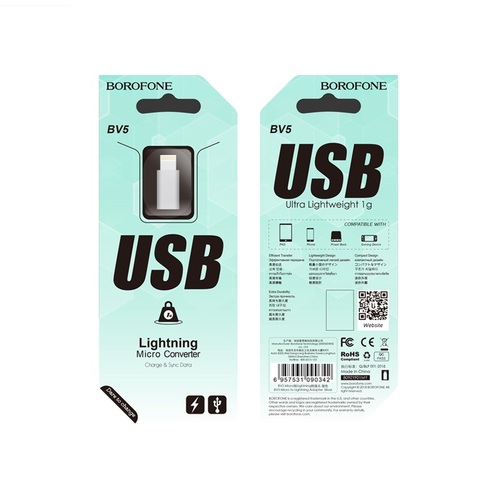 Переходник micro USB - 8 pin lightning Borofone BV5 серебро металл
