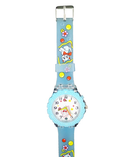 Наручные часы детские кварцевые Принт Кот голубой силиконовый ремешок