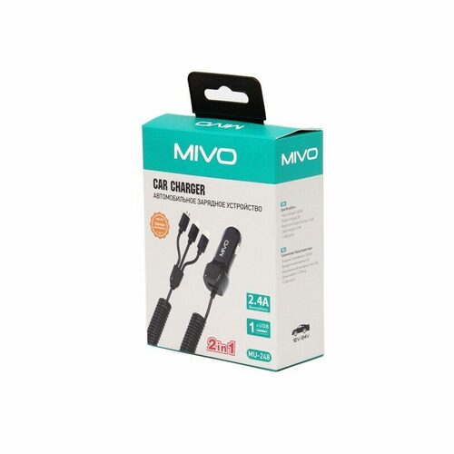 Автомобильные зарядные устройства Mivo MU248 1USB черный 2.4A встроенный кабель Lightning 8 pin + micro USB+Type-C