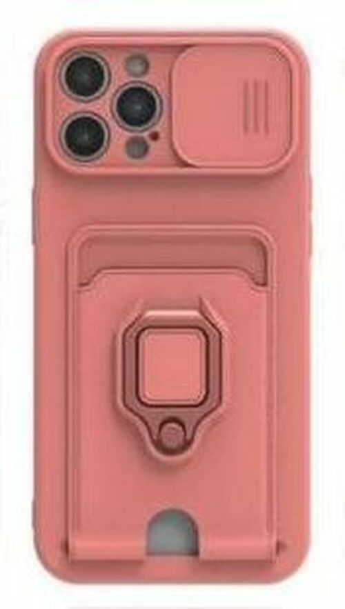 Накладка Apple iPhone 11 розовый с визитницей и защитой камеры силикон Кольцо-подставка + магнитный держатель Раздвижное окно