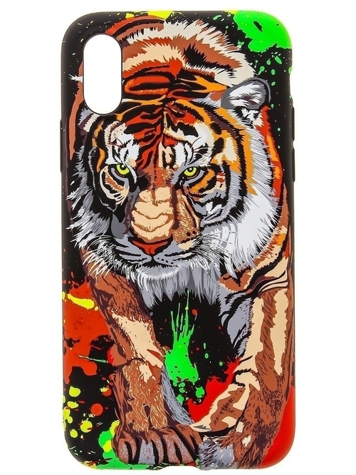 Накладка Apple iPhone X/Xs черный фосфорный силикон Luxo Животные Тигры Тигр с цветными пятнами