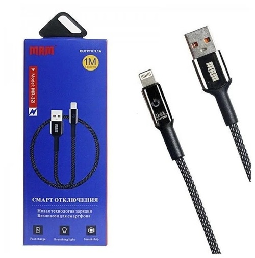 Кабель USB - 8 pin Lightning MRM MR-32 текстиль черный круглый 3.1A 1 м. смарт отключение