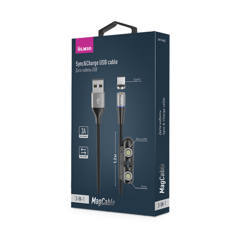 Кабель USB - 8 pin Lightning+Micro usb+Type-C Olmio/Partner MagCable текстиль черный круглый 3A 1,2 м. магнитный+органайзер для коннекторов
