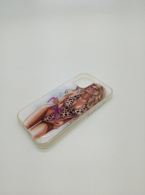 Накладка Apple iPhone 12 mini бело-розовый бампер прозрачный винил Девушки Девушка в леопардовом купальнике