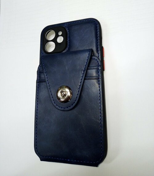 Накладка Apple iPhone 12 темно-синий с карманом на кнопке силикон+кожа с защитой камеры