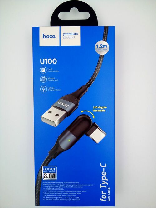 Кабель USB - Type-C HOCO U100 текстиль черный круглый 3A 1,2 м. угл. штекер 180