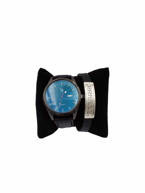 Наручные часы в наборе мужские кварцевые V6 дата черный циферблат черный кожаный ремешок +браслет - 2