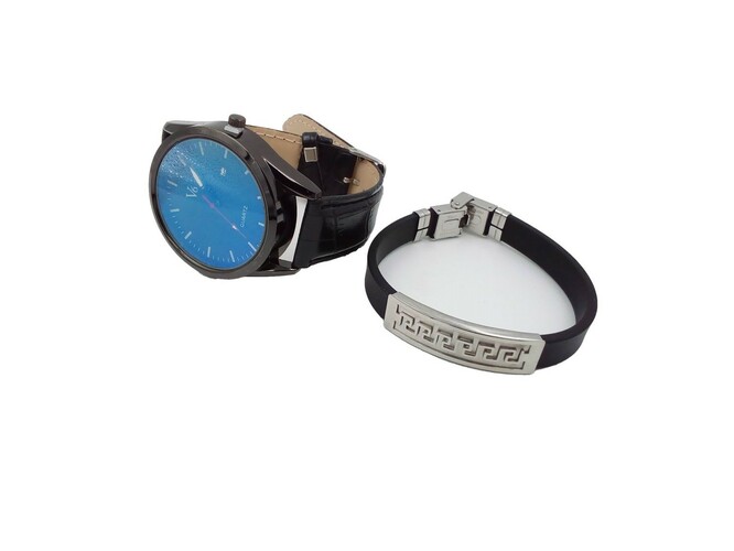 Наручные часы в наборе мужские кварцевые V6 дата черный циферблат черный кожаный ремешок +браслет - 4