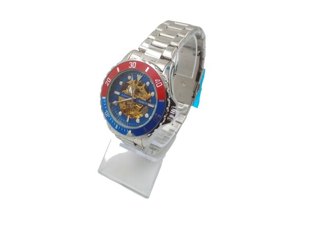 Наручные часы мужские механические T-GOER скелетон красно-синий циферблат серебро металлический браслет