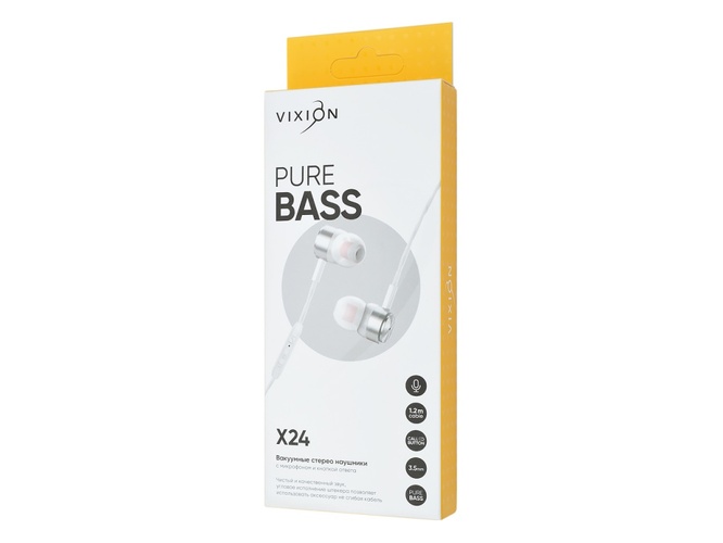 Наушники Vixion X24 вакуумные, проводные, Jack 3.5, микрофон, белый L-образный конектор - 2