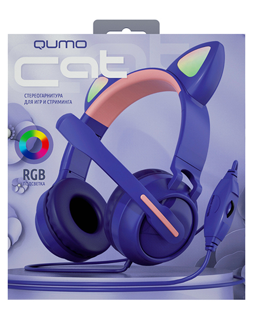 Наушники Qumo Game Cat накладные, проводные, Jack 3.5, микрофон, игровые, подсветка, фиолетовый - 3