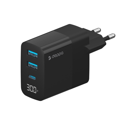 Сетевое зарядное устройство Deppa 11395 2USB+USB Type-C черный LED дисплей