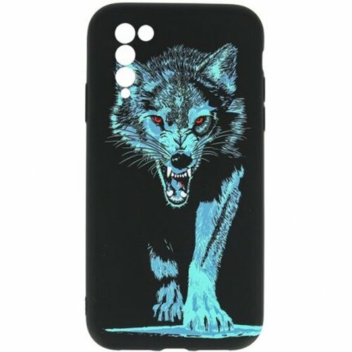 Накладка Apple iPhone X/Xs черно-бирюзовый фосфорный силикон Luxo Животные Волк свирепый
