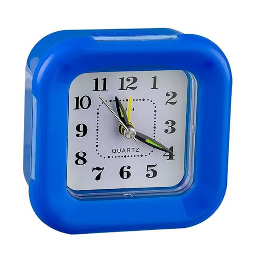 Настольные часы будильник кварцевые Perfeo PF-TC-003 синий с подсветкой квадратные 9,5*9,5 см
