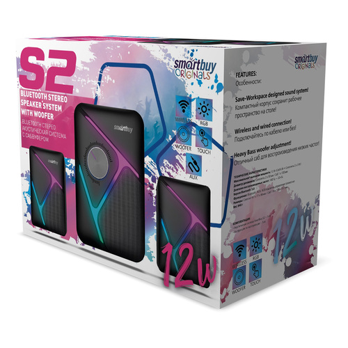 Акустическая система Smartbuy S2 2.1, 12Вт, Bluetooth, черный LED подсветка - 2