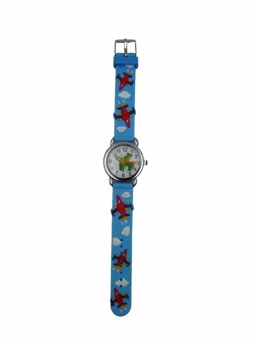 Наручные часы детские кварцевые Принт Самолет голубой силиконовый ремешок